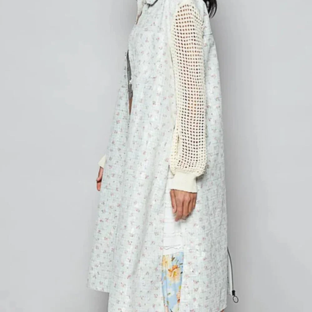 Pol longline printed lace‎ crochet sleeve jacket zips up back buttons front NWOT